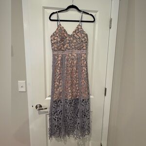 Elliatt Lace Maxi Dress in Gray and Pink